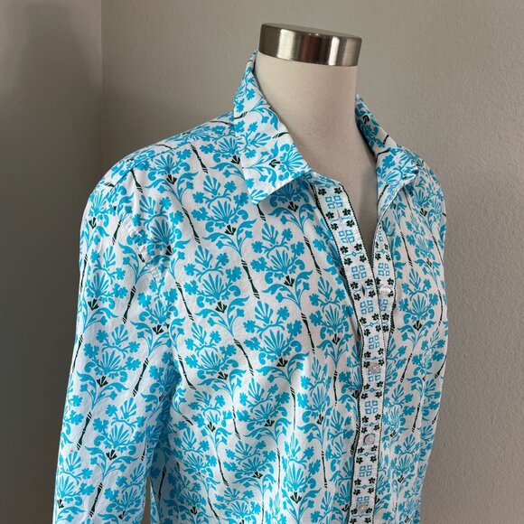 Talbots Womens Petite XL Modern Classic Button Down Shirt Damask Bouquet Blouse - Picture 2 of 12